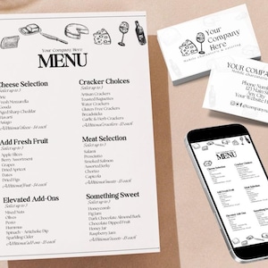 May include: A menu and business cards for a mobile charcuterie and catering service. The menu features cheese, crackers, fruit, meat, and sweet selections. A smartphone displays the menu, and business cards are stacked nearby.