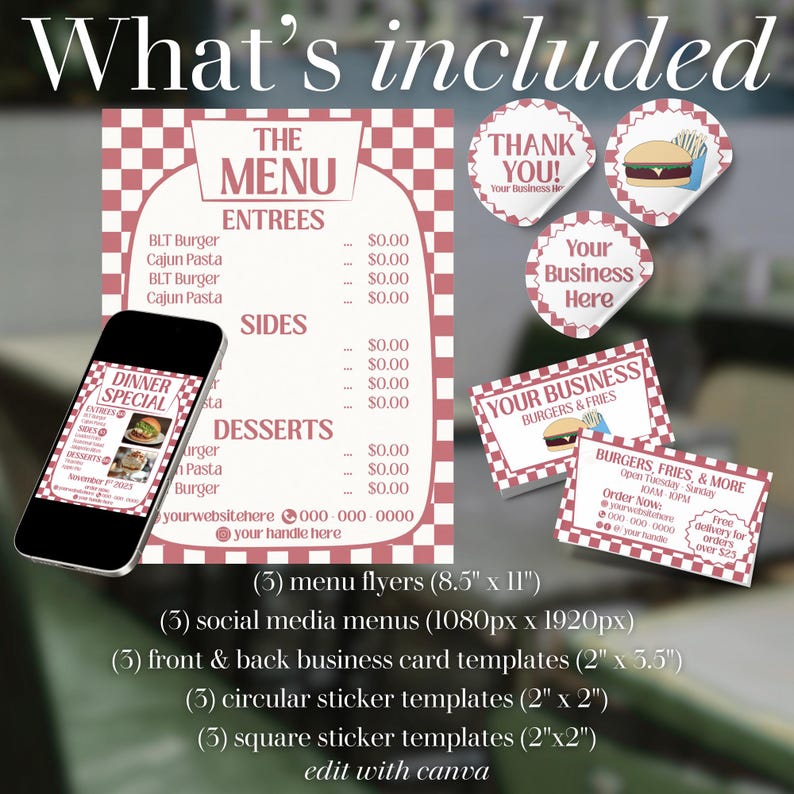 Menu Pinterest Sticker Editable Restaurant Template Bundle: Menu, Business Cards, Thank You ...