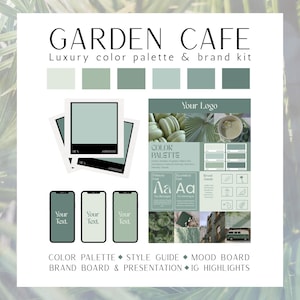 Paleta de colores verde salvia y kit de marca: plantillas de Canva, pautas, tableros de inspiración, guías de estilo, presentaciones de marca y portadas destacadas de Instagram.