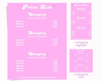 Editable Pink Price List Template: Nail, Lash, Bakery (Canva, Digital Download)