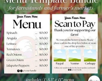 Letrero de mercado de agricultores: Plantilla de menú y folleto de pago escaneado (descarga digital)