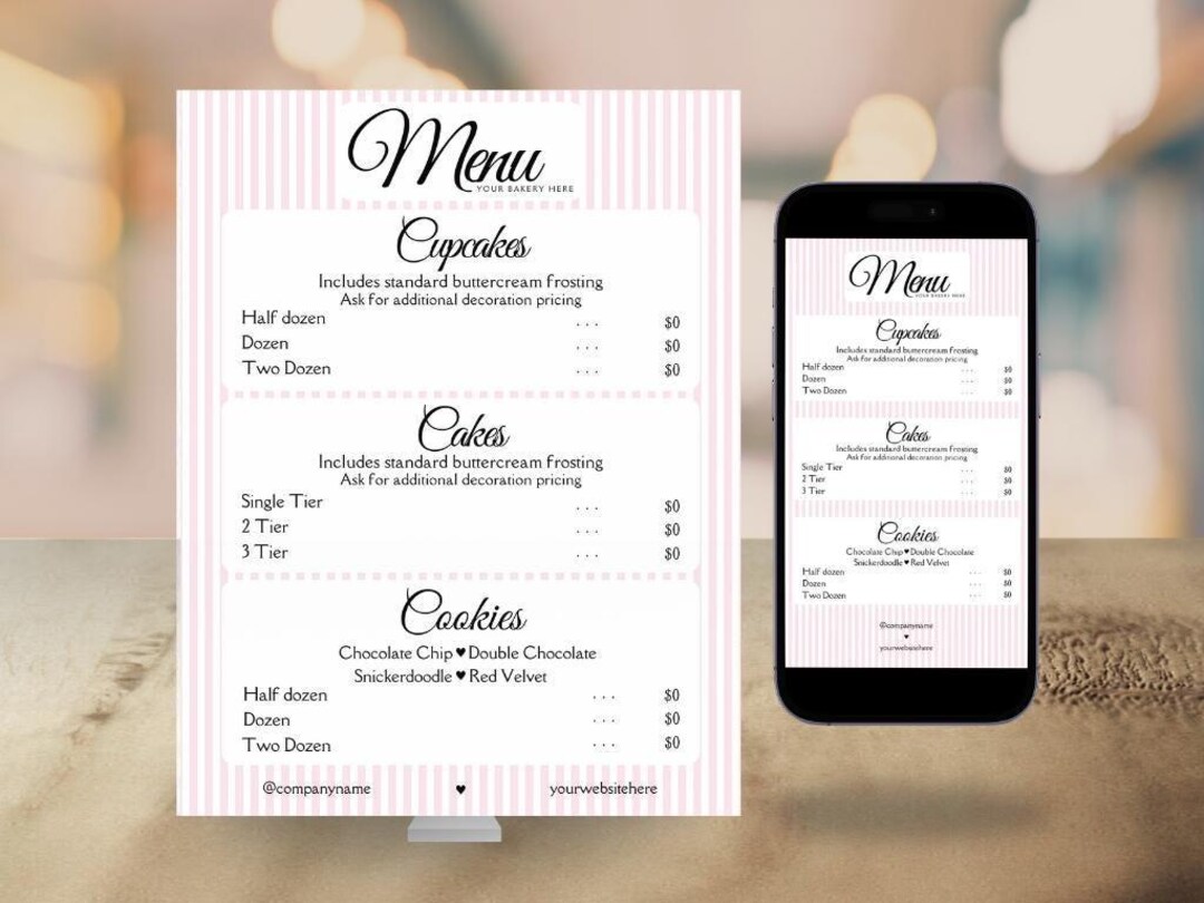 Editable Bakery Menu Template: Pink Dessert Bar Price List (digital ...