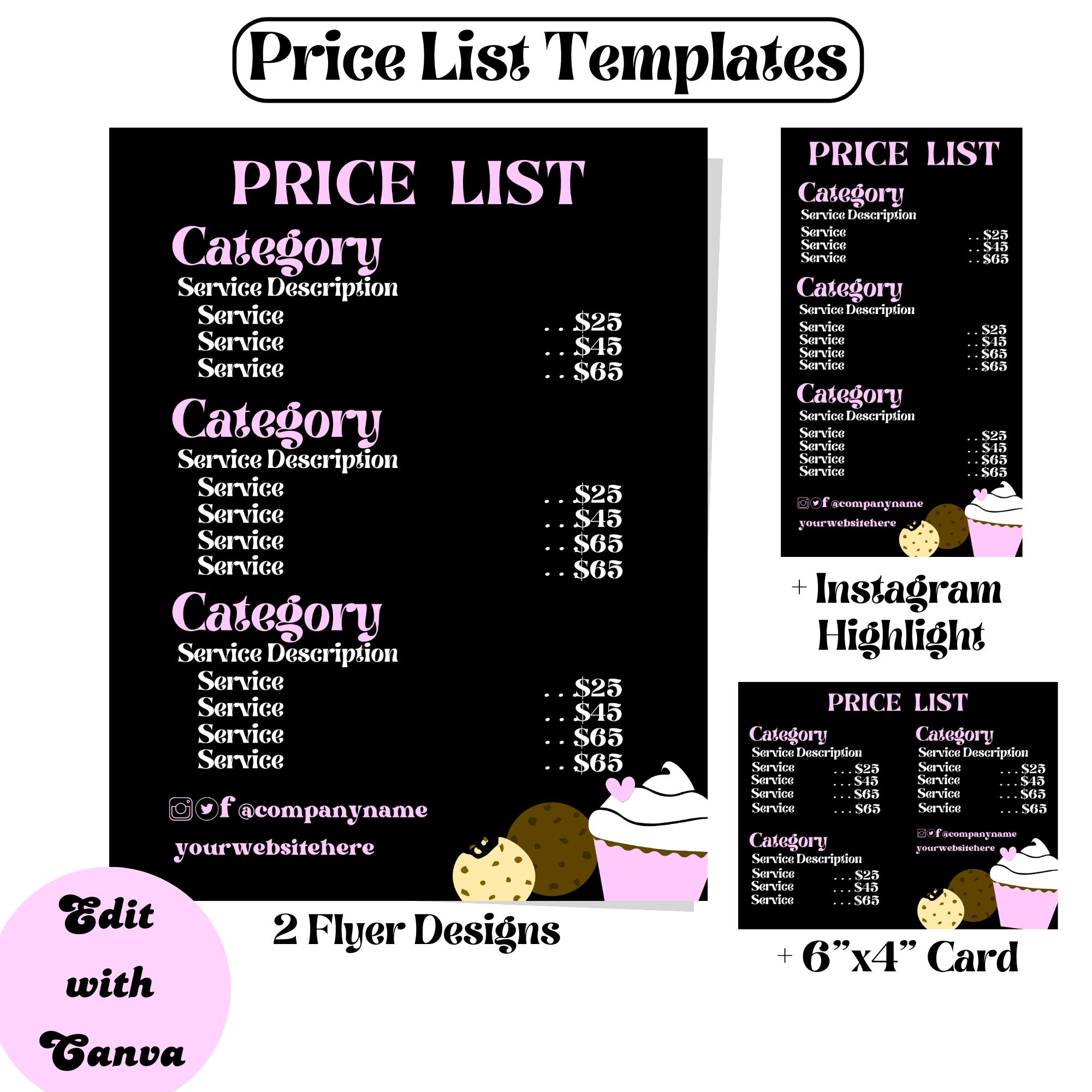 Price List Template Pop Up Bakery Menu Template Cottage Food Menu