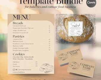 Cottage Bakery Canva Template Bundle: Menu, Business Card & Food Label
