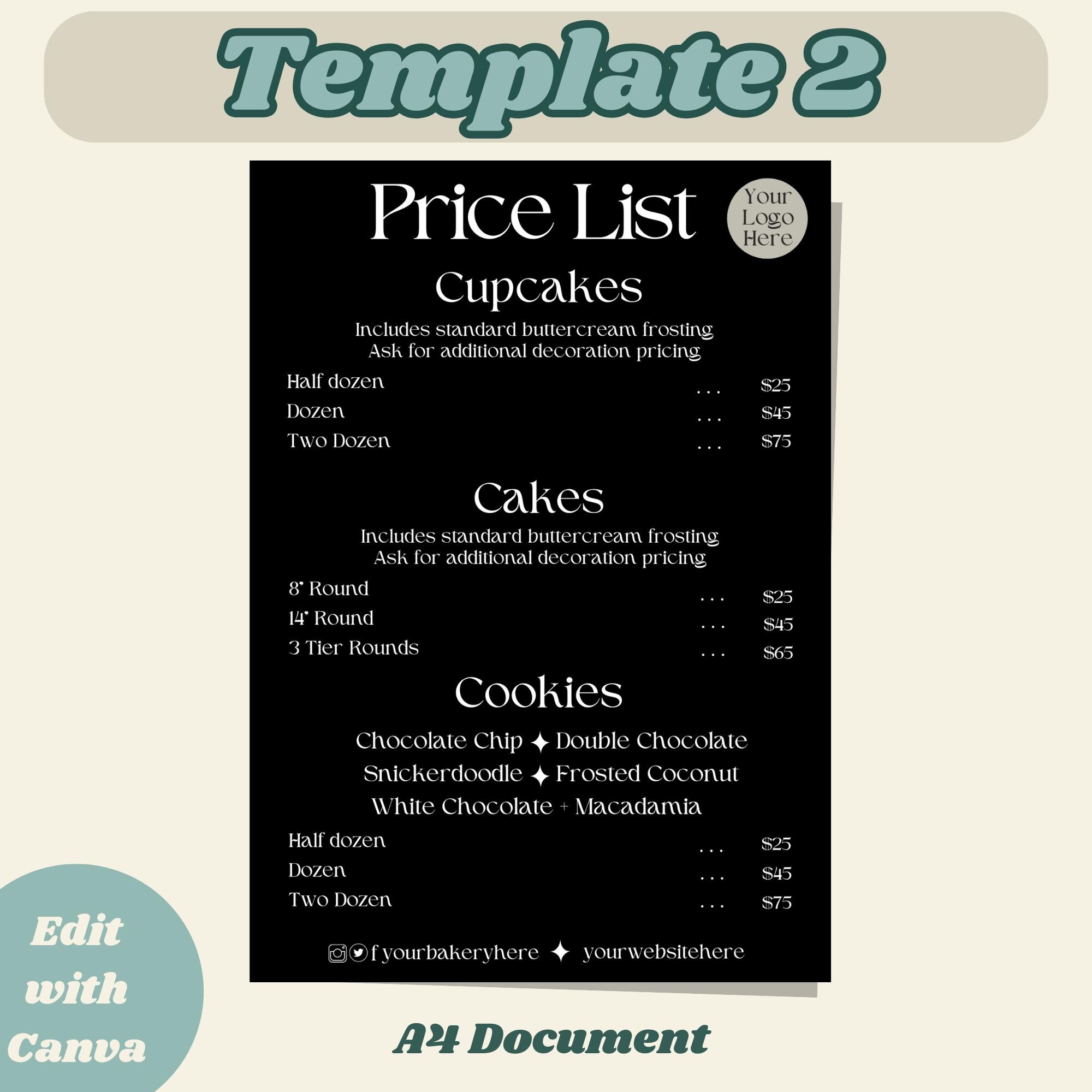 Bakery Price List Canva Templates Editable Menu Printable Flyer Cake ...