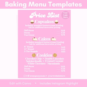 Rosa Bäckerei Menüvorlage | Canva Preisliste Vorlage für Backgeschäft | Druckbare Dessert Flyer | Bearbeitbares Süßigkeiten-Menü Sofort-Download