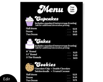 Editable Dessert Menu | Cottage Bakery Price List Template | Printable Sweets Menu (Canva, Digital Download)