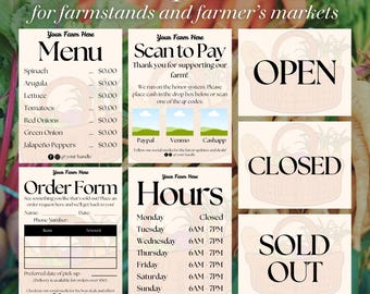 Plantillas para letreros de puestos de venta de productos agrícolas: Menú, Pago mediante escaneo, Formulario de pedido (Descarga digital)