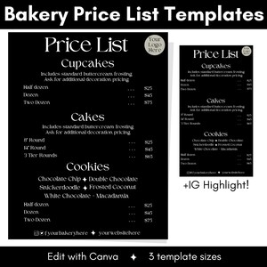 Moderne Bäckerei Canva Vorlagen | Bearbeitbare Preisliste für Süßigkeiten | Druckbare Dessert Flyer | IG Story für Back-Business | Cottage Speisekarte