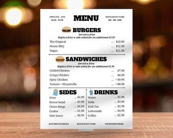 Food Truck Menu Template, Editable Restaurant Flyer (Canva, 8.5x11, Digital Download)