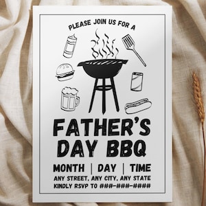 May include: A white rectangular Father's Day BBQ invitation card with black text and illustrations. The design features a grill, burger, hot dog, beer mug, spatula, and condiment bottle. It includes placeholders for date, time, location, and RSVP phone number.