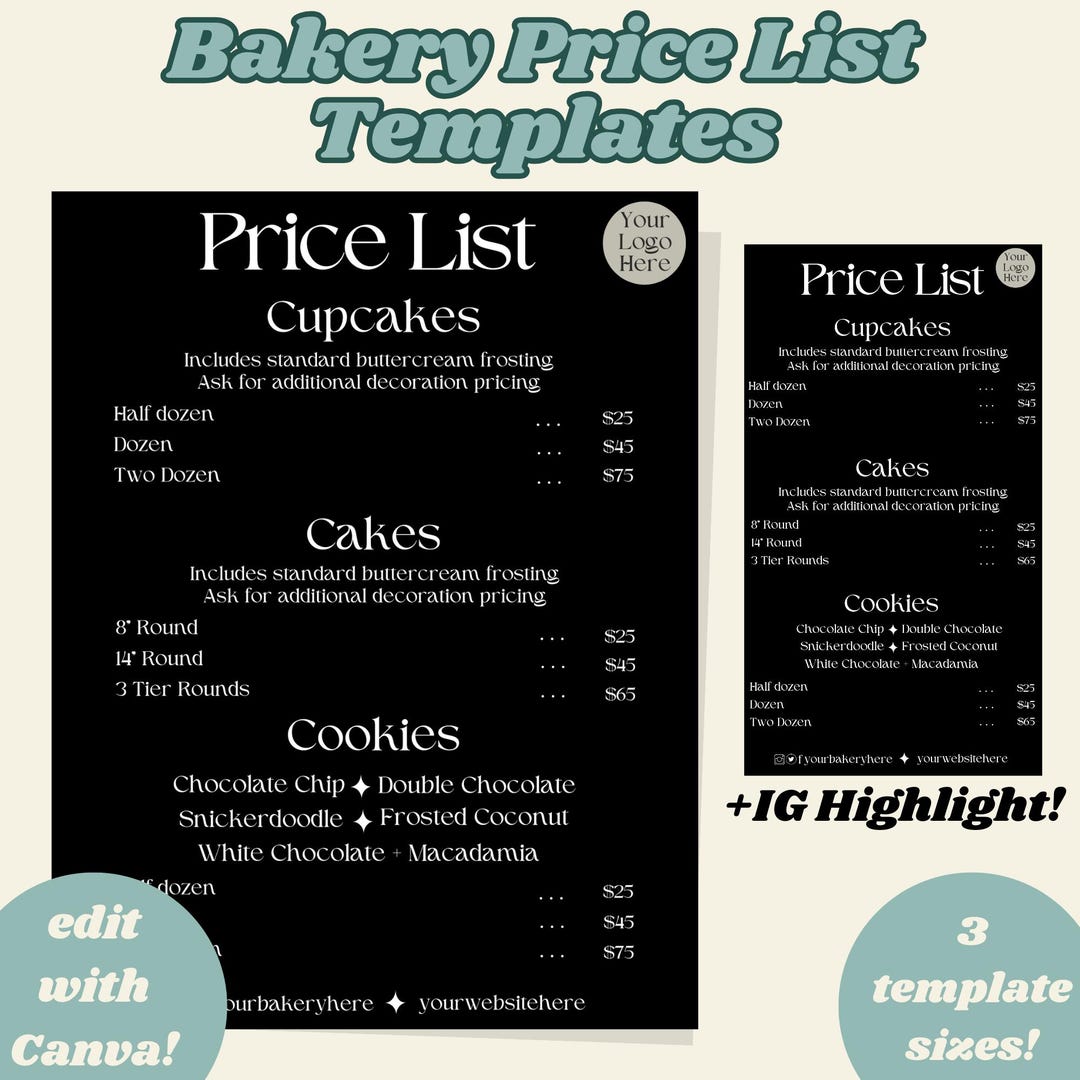 Price List Template Editable Bakery Menu Templates Printable Treats ...