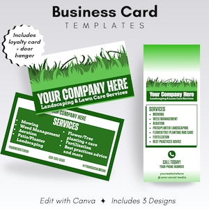 Lawn Care Logo Canva Bundle | Lawn Care Business Card Loyalty Card Door Hanger Canva Templates | Editable Landscaping Business Card