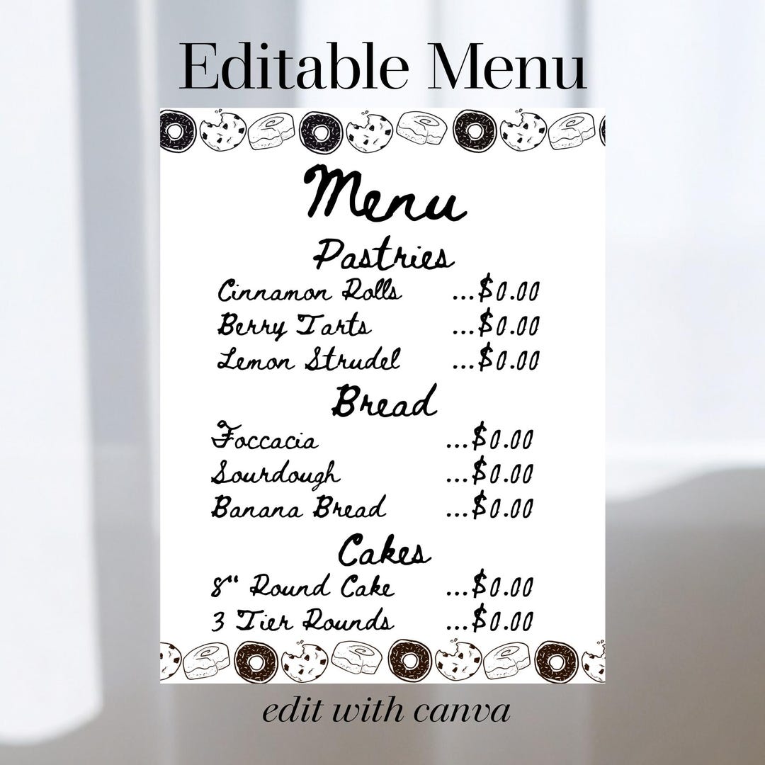 Editable Bakery Menu Editable Bakery Menu Template: Retro Dessert Price List (digital ...