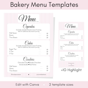 Bearbeitbares Bäckerei-Menü | Rosa Dessert Bar Menü Canva Vorlage | Druckbare Süßigkeiten Preisliste | Digitaler Download für Back Business