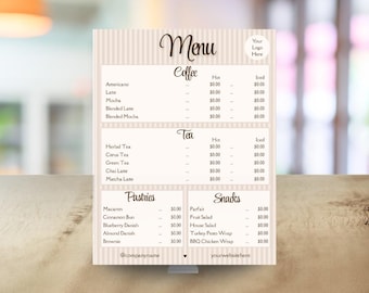 Editable Coffee Shop Menu Template: Cafe Price List, Printable Drink Menu (Digital Download)