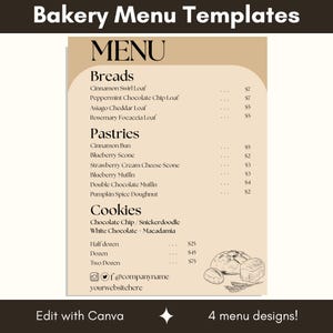 Plantilla de menú de masa madre / Lista de precios de panadería Cottagecore / Hoja de precios de postres digital / Volante de mesa de mercado agrícola / Plantilla vintage de Canva