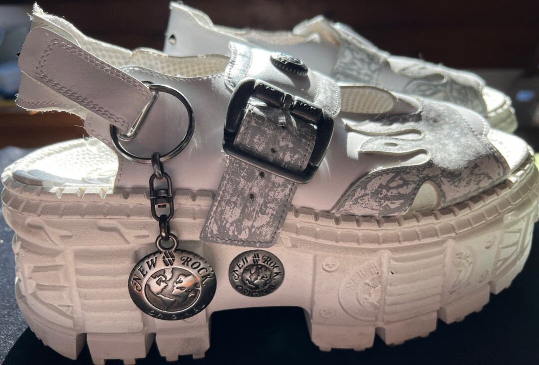 NEW ROCK Tank Platform Sandals Custom White Silver Glitter Flame Design ...