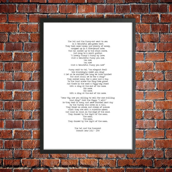 Edward Lear Instant Poetry Download 'The Owl and the Pussycat' Hand Typed Printable Wall Art Romantic Poster Nursery Art Letterpress Print