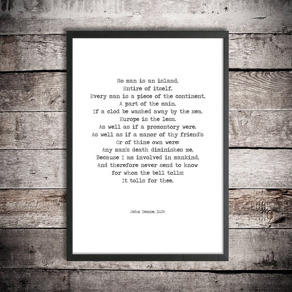 John Donne Printable Poetry 'No Man is an Island' Instant Download Print Inspirational Poem Hand Typed Poster Graduation Gift Brexit Poem