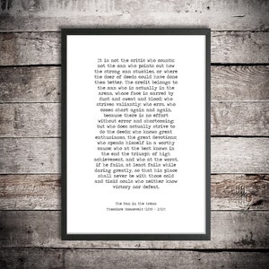 Theodore Roosevelt Palabras inspiradoras &#39;El hombre en la arena&#39; Descarga instantánea Cita imprimible Impresión motivacional Graduación Regalo Oficina Arte