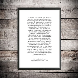 Theodore Roosevelt Inspirational Words 'The Man in the Arena' Instant Download Printable Quote Motivational Print Graduation Gift Office Art image 1