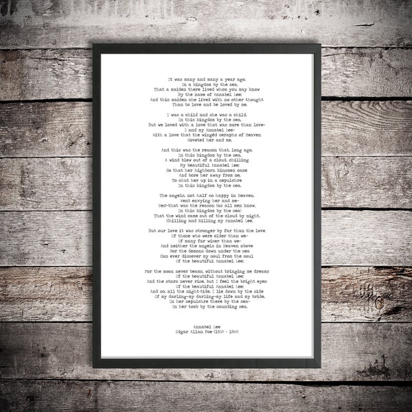 Edgar Allen Poe Digital Download Poem 'Annabel Lee' Instant Printable Poetry Love Poem Romantic Gift Love After Death Poster Hand Typed Gift