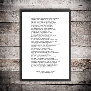 William Shakespeare Printable Quote &#39;Julius Caesar&#39; Digital Download Minimalist Poster Literature Print &#39;Friends, Romans&#39; Funeral Speech