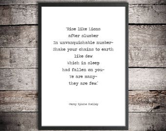Percy Shelley 'Rise Like Lions' Printable Poem Quote Instant Download Literature Gift Masque Of Anarchy Peaceful Resistance Poem Battle Cry