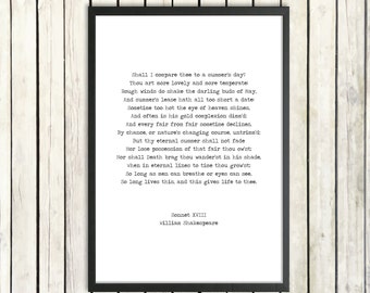 William Shakespeare Printable Love Poem 'Sonnet XVIII' Instant Download Romantic Gift Literature Poster 'Shall I Compare Thee' Summer Print