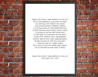 John Keats Printable Love Sonnet 'Bright Star 'Instant Download Vintage Typewriter Font Love Print Romantic Gift Inspirational Poster