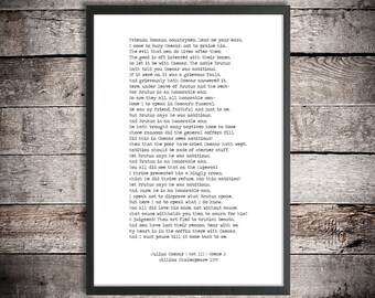 William Shakespeare Printable Quote 'Julius Caesar' Digital Download Minimalist Poster Literature Print 'Friends, Romans' Funeral Speech