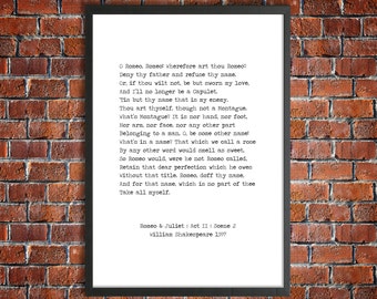 William Shakespeare Instant Printable 'Romeo and Juliet' Digital Download Romantic Gift 'O Romeo' Balcony Scene Poster Literature Printable