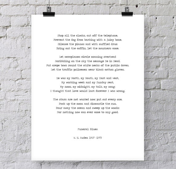 W H Auden Four Weddings Poem Stop All The Clocks Etsy