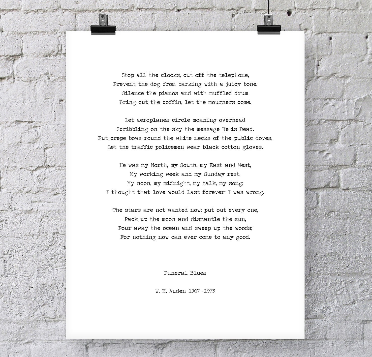 W. H. Auden Four Weddings Poem 'stop All the Clocks' Etsy UK