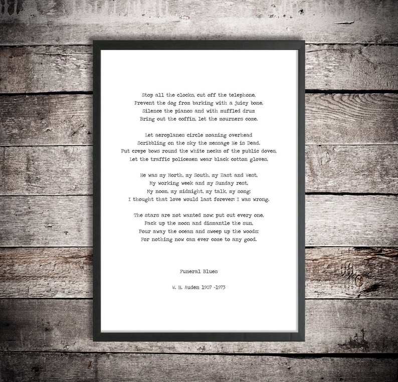 W. H. Auden Four Weddings Poem 'Stop All The Clocks' Etsy