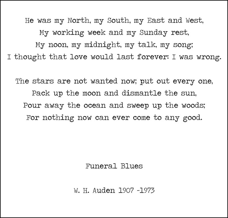 W. H. Auden Four Weddings Poem 'Stop All The Clocks' Etsy