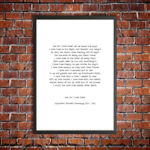 May include: A black and white printable poem by Elizabeth Barrett Browning titled "How Do I Love Thee?" The poem is set in a white frame against a brick wall background.