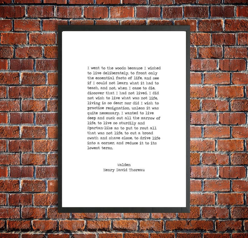 May include: Black and white typography print of a quote by Henry David Thoreau from his book Walden. The quote reads, "I went to the woods because I wished to live deliberately, to front only the essential facts of life, and see if I could not learn what it had to teach, and not, when I came to die, discover that I had not lived. I did not wish to live what was not life, living is so dear, nor did I wish to practise resignation, unless it was quite necessary. I wanted to live deep and suck out all the marrow of life, to live so sturdily and Spartan-like as to put to rout all that was not life, to cut a broad swath and shave close, to drive life into a corner, and reduce it to its lowest terms."