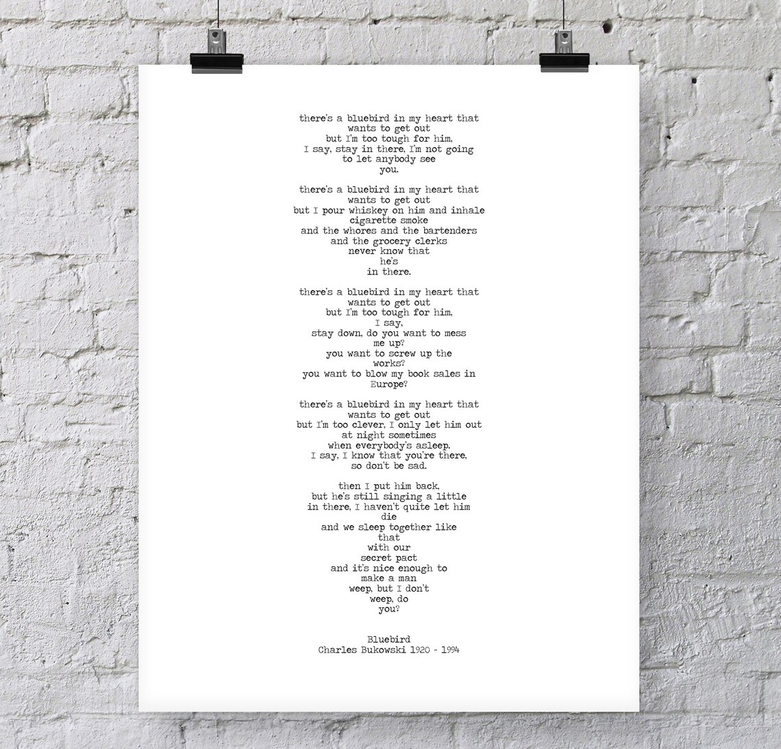 Charles Bukowski Printable Poetry 'Bluebird' Instant Etsy
