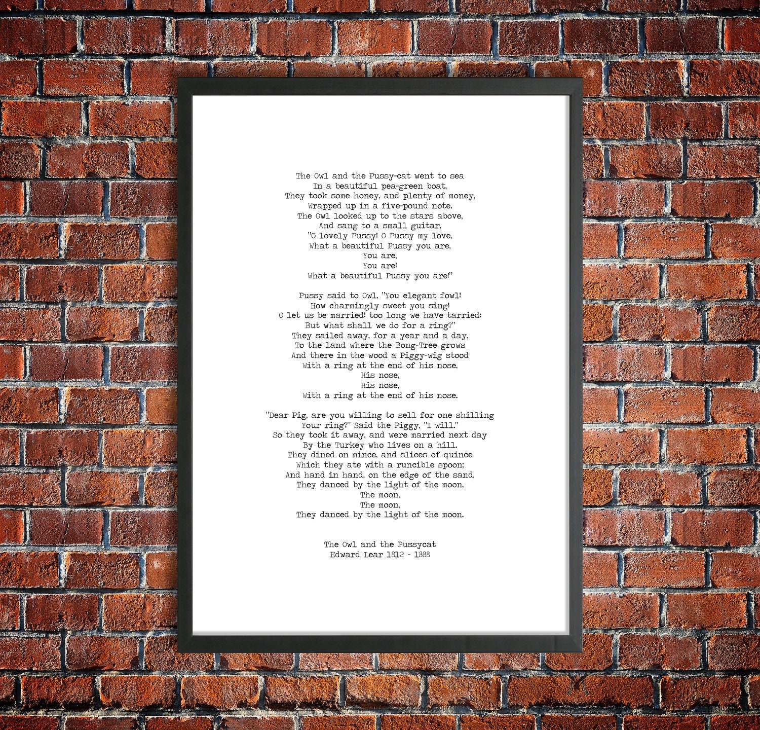 Edward Lear Instant Poetry Download 'The Owl and the Pussycat' Hand Typed Printable Wall Art