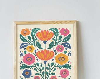 Boho Flower Poster, Colorful Folk Art Home Decor, Botanical Scandinavian Art