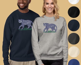 Embroidered Panther Sweatshirt, Unisex Cotton Blend Crewneck