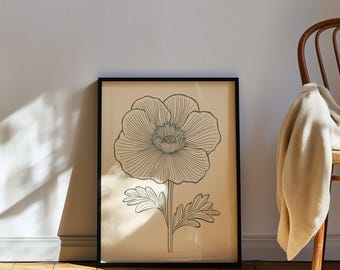 Minimalist Botanical Flower Poster, Neutral Floral Wall Art, Anemone Illustration