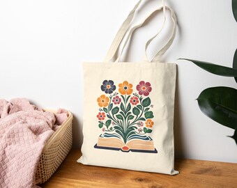 Bolsa de tela con diseño de libros y flores: Arte popular, algodón ecológico