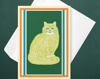 Vintage Cat Greeting Card, Folk Art Feline Illustration, Green Stationery