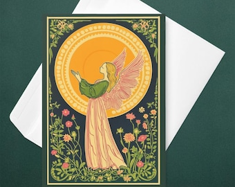 Folk Art Angel Greeting Card, Poetic Floral Illustration, Spiritual Message Card