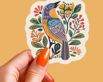 Colorful Folk Bird Sticker Vintage Cottage Core Sticker Nordic Decals