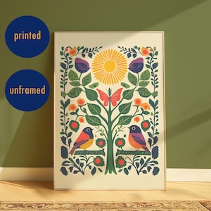 Stampa artistica popolare scandinava, decorazione boho colorata, poster floreale, arte nordica con uccelli, arte murale folkloristica, stampa di uccelli folk, opera d'arte floreale, arte stampata