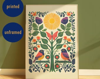 Scandinavian Folk Art Print, Colorful Floral Bird Poster